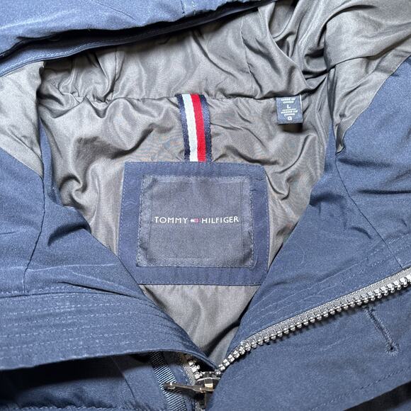 Tommy Hilfiger Mens Large Puffer Jacket Hooded Winter Coat Logo Patch Navy Blue - Picture 5 of 16